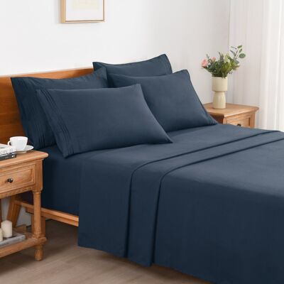 MarCielo - 4/6 Pcs Soft Solid & Embroidery Bed Sheets Set - Navy Blue MarCielo - 4/6 Pcs Soft Solid & Embroidery Bed Sheets Set - Navy Blue