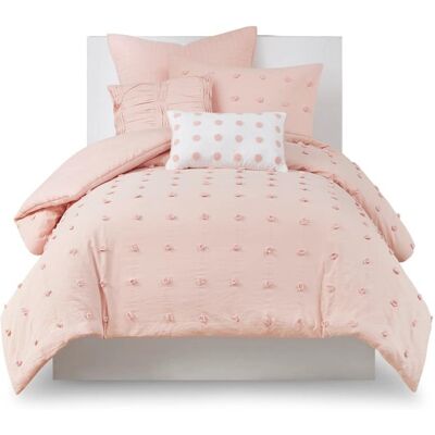 Gracie Mills - Grady Elegance Defined Cotton Jacquard Comforter Set with Euro Shams and Throw Pillows - Pink Gracie Mills - Grady Elegance Defined Cotton Jacquard Comforter Set with Euro Shams and Throw Pillows - Pink