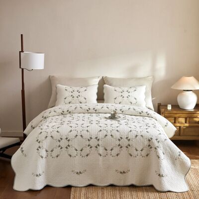 MarCielo - 3 Pieces Soft Cream Cotton Quilt Bedspread Set European Cottage Style - White MarCielo - 3 Pieces Soft Cream Cotton Quilt Bedspread Set European Cottage Style - White
