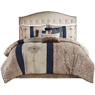 Gracie Mills - Kurtis 7-Piece Red Jacquard Comforter Set with Designer Throw Pillows - Navy Gracie Mills - Kurtis 7-Piece Red Jacquard Comforter Set with Designer Throw Pillows - Navy