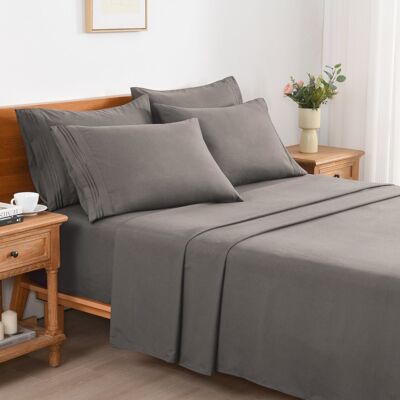 MarCielo - 4/6 Pcs Soft Solid & Embroidery Bed Sheets Set - Dark Gray MarCielo - 4/6 Pcs Soft Solid & Embroidery Bed Sheets Set - Dark Gray