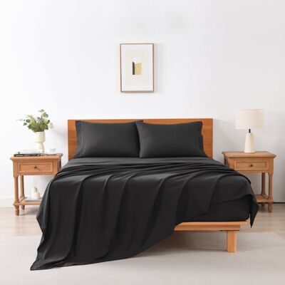 MarCielo - 3/4 Pcs Soft Solid & Embroidery Bed Sheets Set - Black MarCielo - 3/4 Pcs Soft Solid & Embroidery Bed Sheets Set - Black