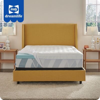 Sealy - Dreamlife 3” Gel Memory Foam Mattress Topper + 1” Quilted Cooling Cover, CA King - Blue Sealy - Dreamlife 3” Gel Memory Foam Mattress Topper + 1” Quilted Cooling Cover, CA King - Blue