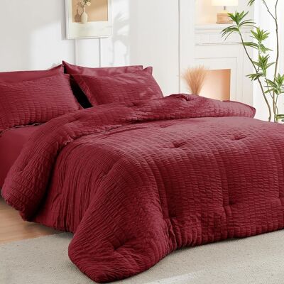 Dazzed Corner - Seersucker 5/7 Pieces Bed in a Bag Comforter Set with Sheets, Pillowcases & Shams - Burgundy Dazzed Corner - Seersucker 5/7 Pieces Bed in a Bag Comforter Set with Sheets, Pillowcases & Shams - Burgundy