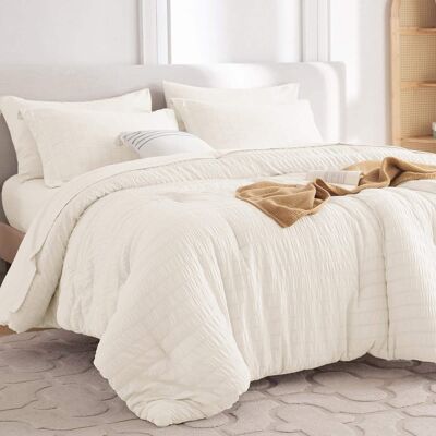 Dazzed Corner - Seersucker 5/7 Pieces Bed in a Bag Comforter Set with Sheets, Pillowcases & Shams - Ivory Dazzed Corner - Seersucker 5/7 Pieces Bed in a Bag Comforter Set with Sheets, Pillowcases & Shams - Ivory