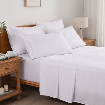 MarCielo - 4/6 Pcs Soft Solid & Embroidery Bed Sheets Set - White MarCielo - 4/6 Pcs Soft Solid & Embroidery Bed Sheets Set - White