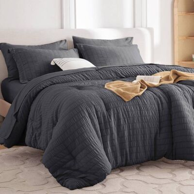 Dazzed Corner - Seersucker 5/7 Pieces Bed in a Bag Comforter Set with Sheets, Pillowcases & Shams - Dark Gray Dazzed Corner - Seersucker 5/7 Pieces Bed in a Bag Comforter Set with Sheets, Pillowcases & Shams - Dark Gray