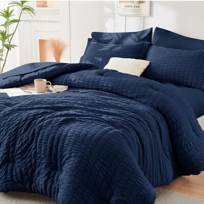 Dazzed Corner - Seersucker 5/7 Pieces Bed in a Bag Comforter Set with Sheets, Pillowcases & Shams - Navy Blue Dazzed Corner - Seersucker 5/7 Pieces Bed in a Bag Comforter Set with Sheets, Pillowcases & Shams - Navy Blue