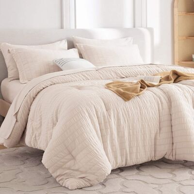 Dazzed Corner - Seersucker 5/7 Pieces Bed in a Bag Comforter Set with Sheets, Pillowcases & Shams - Beige Dazzed Corner - Seersucker 5/7 Pieces Bed in a Bag Comforter Set with Sheets, Pillowcases & Shams - Beige