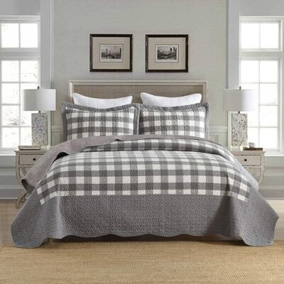 MarCielo - 3-Pieces Grey And White Checkered Pattern Quilted Bedspread Set - Gray MarCielo - 3-Pieces Grey And White Checkered Pattern Quilted Bedspread Set - Gray