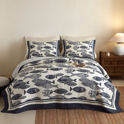 MarCielo - 3 Piece 100% Cotton Nautical Fish Print Quilt Bedspread Set - Coastal Blue MarCielo - 3 Piece 100% Cotton Nautical Fish Print Quilt Bedspread Set - Coastal Blue