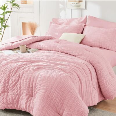 Dazzed Corner - Seersucker 5/7 Pieces Bed in a Bag Comforter Set with Sheets, Pillowcases & Shams - Pink Dazzed Corner - Seersucker 5/7 Pieces Bed in a Bag Comforter Set with Sheets, Pillowcases & Shams - Pink