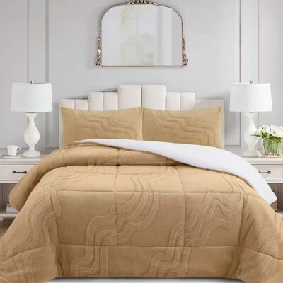 MarCielo - 3 PCS Wave Jacquard Soft Plush Comforter Set - Beige MarCielo - 3 PCS Wave Jacquard Soft Plush Comforter Set - Beige