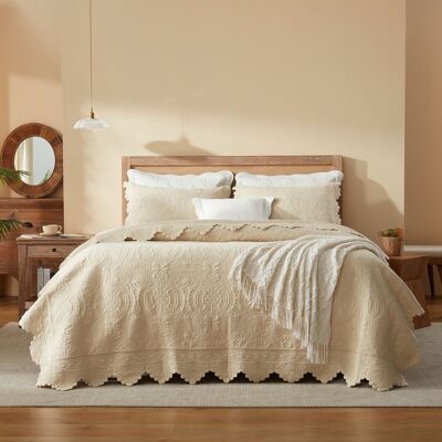 MarCielo - 3 Pcs Elegantly Embroidered 100% Cotton Oversized Quilt Bedspread Set - Beige MarCielo - 3 Pcs Elegantly Embroidered 100% Cotton Oversized Quilt Bedspread Set - Beige