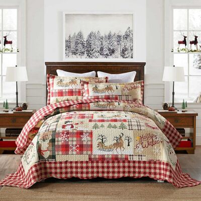 MarCielo - 3-Piece Christmas Deer Pattern King Size Quilt Set B021 - Red MarCielo - 3-Piece Christmas Deer Pattern King Size Quilt Set B021 - Red
