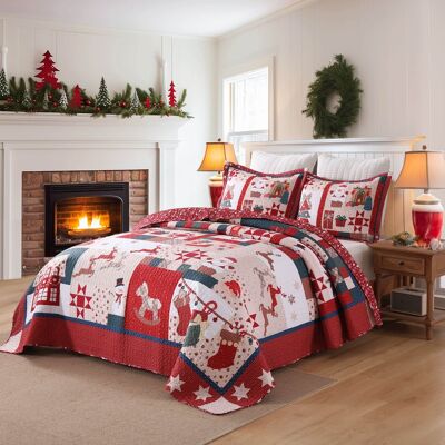 MarCielo - 2/3 PCS Vintage Christmas Stockings Polyester Quilt Set Reversible Holiday Bedspread - Red MarCielo - 2/3 PCS Vintage Christmas Stockings Polyester Quilt Set Reversible Holiday Bedspread - Red