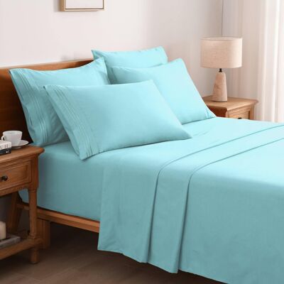 MarCielo - 4/6 Pcs Soft Solid & Embroidery Bed Sheets Set - Aqua Blue MarCielo - 4/6 Pcs Soft Solid & Embroidery Bed Sheets Set - Aqua Blue