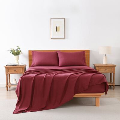 MarCielo - 3/4 Pcs Soft Solid & Embroidery Bed Sheets Set - Burgundy MarCielo - 3/4 Pcs Soft Solid & Embroidery Bed Sheets Set - Burgundy