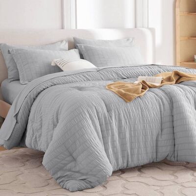 Dazzed Corner - Seersucker 5/7 Pieces Bed in a Bag Comforter Set with Sheets, Pillowcases & Shams - Light Gray Dazzed Corner - Seersucker 5/7 Pieces Bed in a Bag Comforter Set with Sheets, Pillowcases & Shams - Light Gray