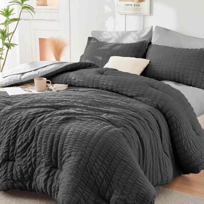 Dazzed Corner - Seersucker 5/7 Pieces Bed in a Bag Comforter Set with Sheets, Pillowcases & Shams - Dark Gray Dazzed Corner - Seersucker 5/7 Pieces Bed in a Bag Comforter Set with Sheets, Pillowcases & Shams - Dark Gray