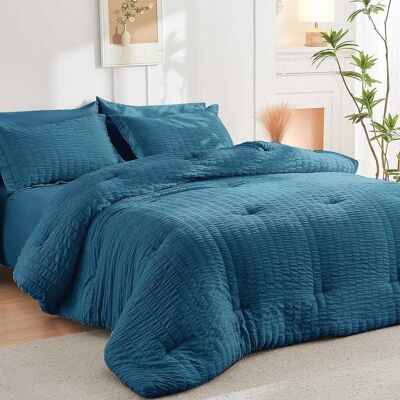 Dazzed Corner - Seersucker 5/7 Pieces Bed in a Bag Comforter Set with Sheets, Pillowcases & Shams - Teal Dazzed Corner - Seersucker 5/7 Pieces Bed in a Bag Comforter Set with Sheets, Pillowcases & Shams - Teal