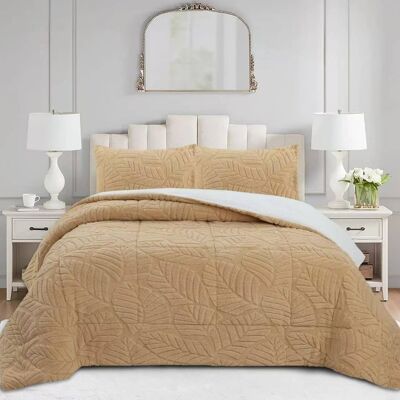 MarCielo - 3 PCS Leaf Pattern Jacquard Soft Plush Comforter Set - Beige MarCielo - 3 PCS Leaf Pattern Jacquard Soft Plush Comforter Set - Beige
