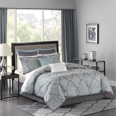 Gracie Mills - Tommie 12-Piece Damask Comforter Set with Cotton Bed Sheets - Blue Gracie Mills - Tommie 12-Piece Damask Comforter Set with Cotton Bed Sheets - Blue