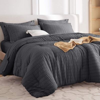 Dazzed Corner - Seersucker 5/7 Pieces Bed in a Bag Comforter Set with Sheets, Pillowcases & Shams - Dark Gray Dazzed Corner - Seersucker 5/7 Pieces Bed in a Bag Comforter Set with Sheets, Pillowcases & Shams - Dark Gray