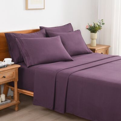MarCielo - 4/6 Pcs Soft Solid & Embroidery Bed Sheets Set - Dark Purple MarCielo - 4/6 Pcs Soft Solid & Embroidery Bed Sheets Set - Dark Purple