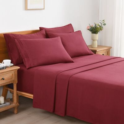 MarCielo - 4/6 Pcs Soft Solid & Embroidery Bed Sheets Set - Burgundy MarCielo - 4/6 Pcs Soft Solid & Embroidery Bed Sheets Set - Burgundy