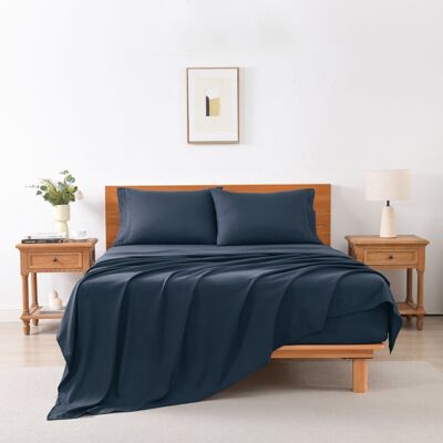 MarCielo - 3/4 Pcs Soft Solid & Embroidery Bed Sheets Set - Navy Blue MarCielo - 3/4 Pcs Soft Solid & Embroidery Bed Sheets Set - Navy Blue