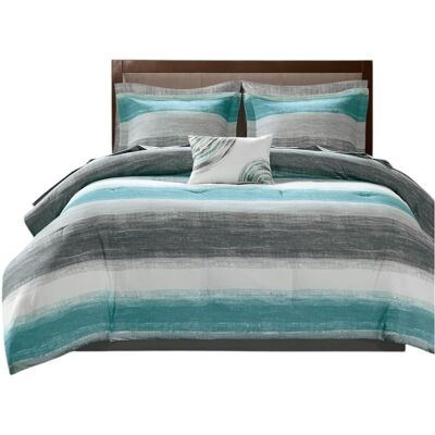 Gracie Mills - Ianne Modern Watercolor Stripe Comforter Set with Cotton Bed Sheets - Aqua Gracie Mills - Ianne Modern Watercolor Stripe Comforter Set with Cotton Bed Sheets - Aqua