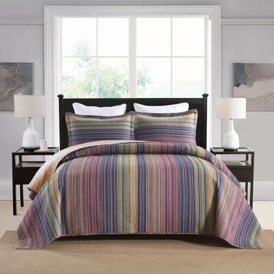 MarCielo - 3Pcs 100% Cotton Striped Quilt Bedspread Set Reversible Bedding - Purple MarCielo - 3Pcs 100% Cotton Striped Quilt Bedspread Set Reversible Bedding - Purple