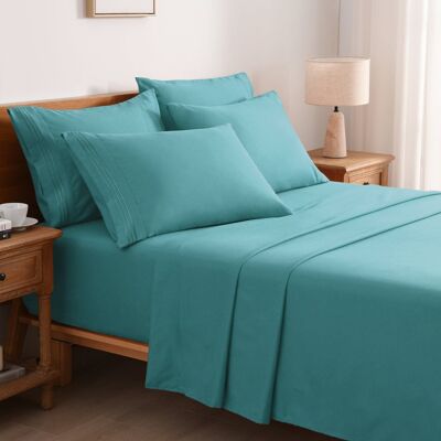 MarCielo - 4/6 Pcs Soft Solid & Embroidery Bed Sheets Set - Dark Teal MarCielo - 4/6 Pcs Soft Solid & Embroidery Bed Sheets Set - Dark Teal