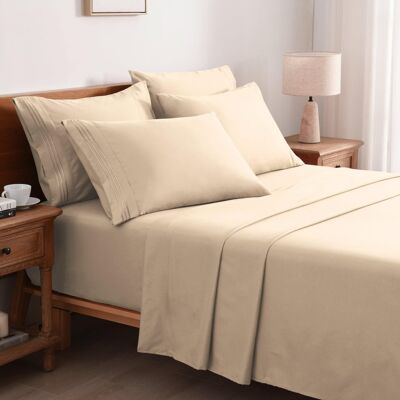 MarCielo - 4/6 Pcs Soft Solid & Embroidery Bed Sheets Set - Beige MarCielo - 4/6 Pcs Soft Solid & Embroidery Bed Sheets Set - Beige