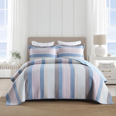 MarCielo - 3Pcs 100% Cotton Striped Quilt Bedspread Set Reversible Bedding - Blue MarCielo - 3Pcs 100% Cotton Striped Quilt Bedspread Set Reversible Bedding - Blue