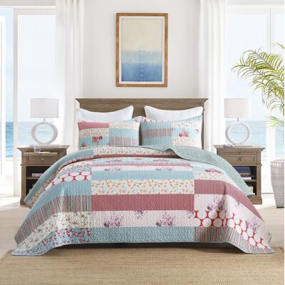 MarCielo - 3 Pcs Printed Quilt Set Floral Patchwork Pattern Bedspread Set - Blue MarCielo - 3 Pcs Printed Quilt Set Floral Patchwork Pattern Bedspread Set - Blue