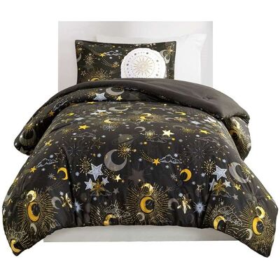 Gracie Mills - Dervan Celestial Dreams Starry Sky Metallic Comforter Set with Enchanting Throw Pillow - Charcoal/Gold Gracie Mills - Dervan Celestial Dreams Starry Sky Metallic Comforter Set with Enchanting Throw Pillow - Charcoal/Gold