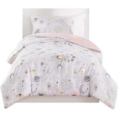Gracie Mills - Dervan Celestial Dreams Starry Sky Metallic Comforter Set with Enchanting Throw Pillow - Blush/Gold Gracie Mills - Dervan Celestial Dreams Starry Sky Metallic Comforter Set with Enchanting Throw Pillow - Blush/Gold