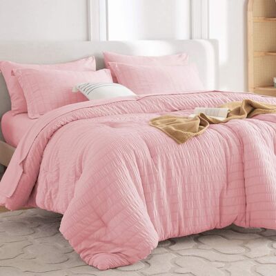 Dazzed Corner - Seersucker 5/7 Pieces Bed in a Bag Comforter Set with Sheets, Pillowcases & Shams - Pink Dazzed Corner - Seersucker 5/7 Pieces Bed in a Bag Comforter Set with Sheets, Pillowcases & Shams - Pink