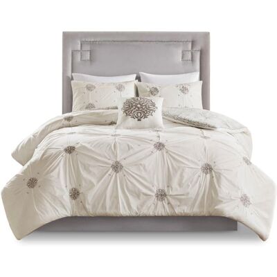 Gracie Mills - Donna Shabby Chic Embroidered Reversible Cotton Duvet Cover Set - Ivory Gracie Mills - Donna Shabby Chic Embroidered Reversible Cotton Duvet Cover Set - Ivory