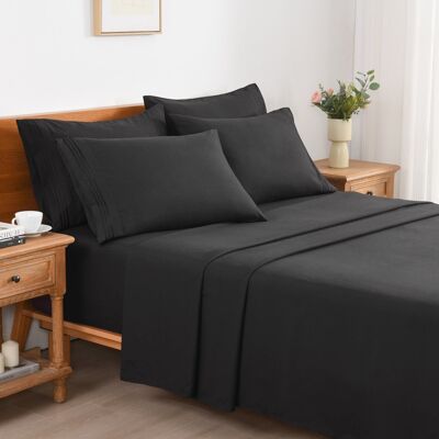 MarCielo - 4/6 Pcs Soft Solid & Embroidery Bed Sheets Set - Black MarCielo - 4/6 Pcs Soft Solid & Embroidery Bed Sheets Set - Black