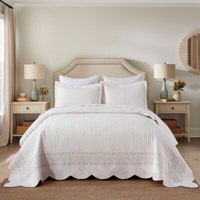 MarCielo - Elegant 3Pcs 100% Cotton Serene Stripe - Patterned Quilt Bedspread Set - White MarCielo - Elegant 3Pcs 100% Cotton Serene Stripe - Patterned Quilt Bedspread Set - White
