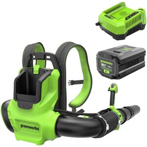 Greenworks - 80V 750 CFM Battery Powered Backpack Leaf Blower, with 4.0Ah Battery and Rapid Charger - Green Greenworks - 80V 750 CFM Battery Powered Backpack Leaf Blower, with 4.0Ah Battery and Rapid Charger - Green