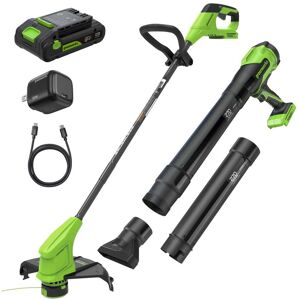 Greenworks - 24V 12" Brushless String Trimmer and 270 CFM Leaf Blower Combo, 2.0Ah Battery, 30W USB-C Charger - Green Greenworks - 24V 12" Brushless String Trimmer and 270 CFM Leaf Blower Combo, 2.0Ah Battery, 30W USB-C Charger - Green