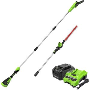 Greenworks - 24V Brushless 10" Pole Saw/20" Pole Hedge Trimmer Combo Kit, 4Ah Battery and Charger Included - Green Greenworks - 24V Brushless 10" Pole Saw/20" Pole Hedge Trimmer Combo Kit, 4Ah Battery and Charger Included - Green