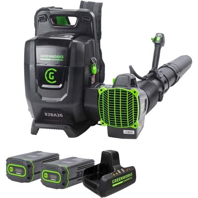 Greenworks - 82BA26-52DP 82V Dual Port Backpack Blower, (2) 5.0Ah Batteries and Dual Port Charger - Green Greenworks - 82BA26-52DP 82V Dual Port Backpack Blower, (2) 5.0Ah Batteries and Dual Port Charger - Green