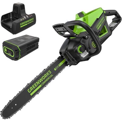 Greenworks - 82V 18" (2.7kW Brushless) Prosumer Cordless Chainsaw, 4.0Ah Battery and 8A Dual Port Rapid Charger - Green Greenworks - 82V 18" (2.7kW Brushless) Prosumer Cordless Chainsaw, 4.0Ah Battery and 8A Dual Port Rapid Charger - Green