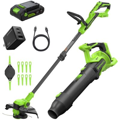 Greenworks - 24V 12" Brushless String Trimmer and 515 CFM Leaf Blower Combo, 3.0Ah Battery, 65W USB-C Charger - Green Greenworks - 24V 12" Brushless String Trimmer and 515 CFM Leaf Blower Combo, 3.0Ah Battery, 65W USB-C Charger - Green