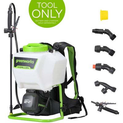 Greenworks - 24V Cordless Backpack Sprayer (4 Gallon / 5 Tips / 25 FT Spray), Tool Only, Battery and Charger Not Included - Green Greenworks - 24V Cordless Backpack Sprayer (4 Gallon / 5 Tips / 25 FT Spray), Tool Only, Battery and Charger Not Included - Green